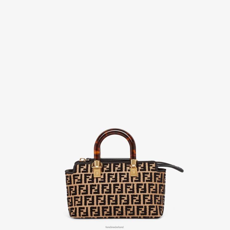 vrouwen accessoires Fendi 0J62L651 kleine Boston tas van raffia met een ff-motief van tapijtstof zwart